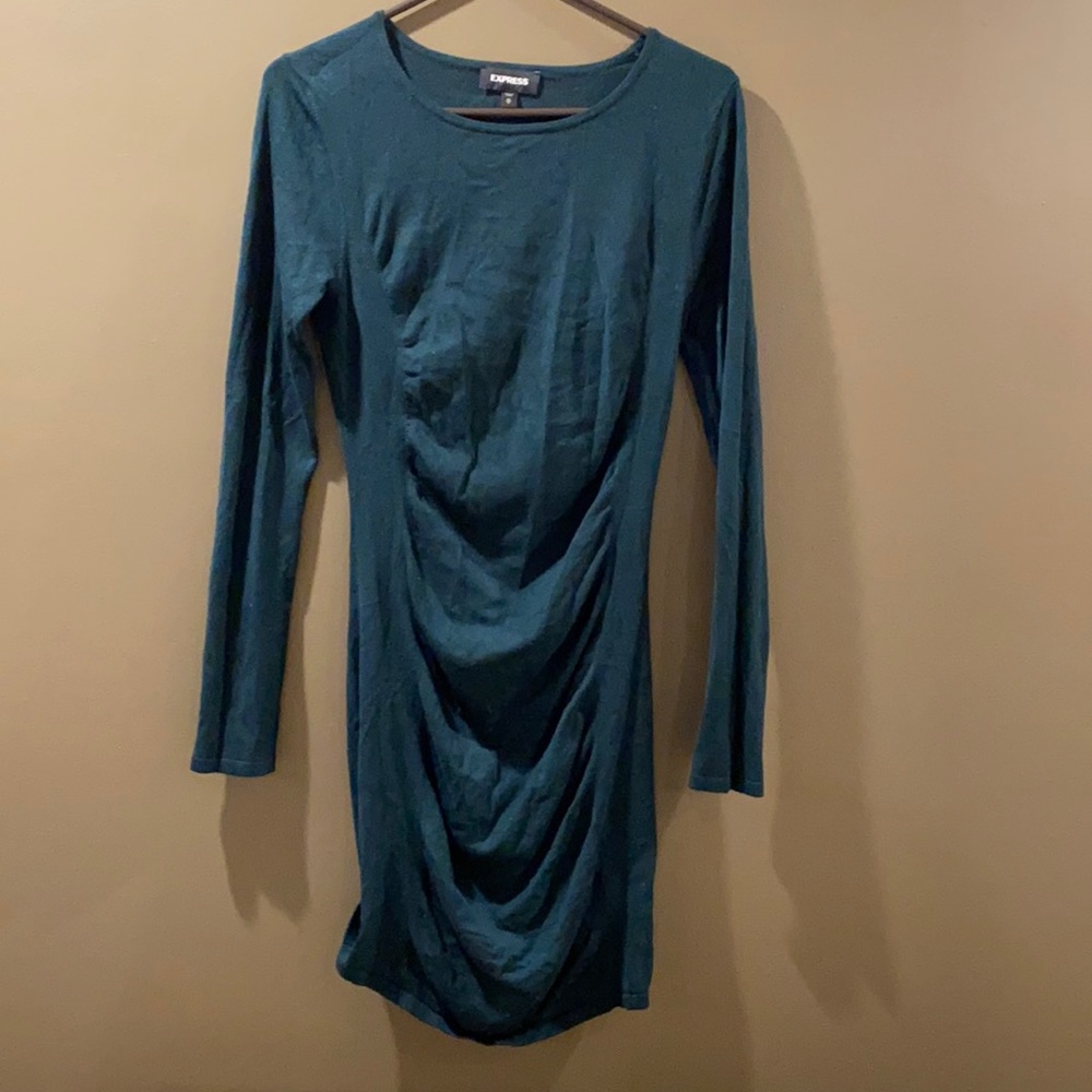 Express LS cinched dark green sweater dress- M